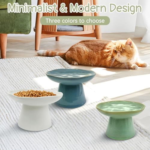 VCEPJH Raised Cat Food Bowls Shallow Cat Plate Ceramic Elevated Cats Dish 6.1in Flat Anti Whisker Fatigue Wide Pet Food & Water Feeder for Indoor Kitty Kitten (Green) - color: green