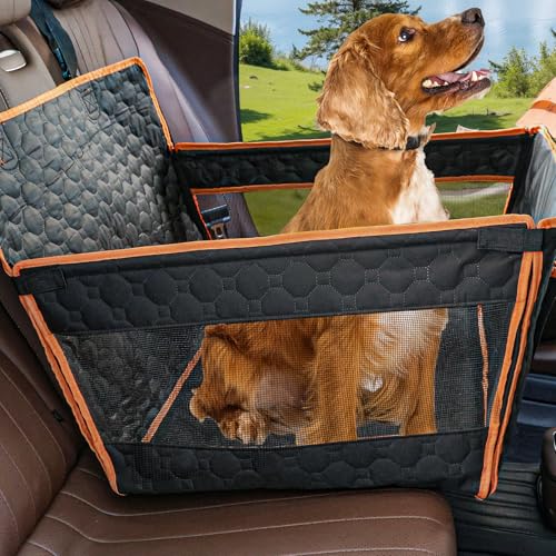 Dog Car Seat for Large Medium Dogs, Dog Car Seat Cover for Back Seat, Foldable Pet CarSeat with Safety Belt, Waterproof Fabric & Breathable Mesh, Back Seat Cover for Dogs Under 40lbs (Large, Orange) - color: Orange, size: Large