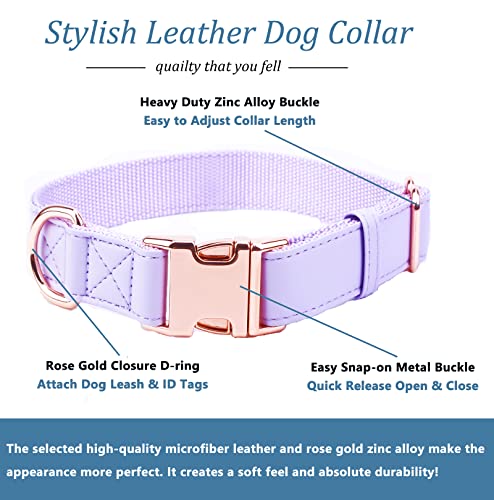 Dog Collar and Leash Set.Soft and Easy to Clean Vegan Leather with Rose Gold Metal Buckle for Small Medium Large Dogs (Light Purple, M(13.8"-19.7")) - color: Light Purple, size: M