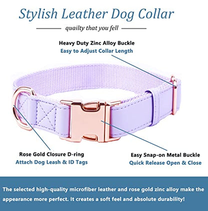 Dog Collar and Leash Set.Soft and Easy to Clean Vegan Leather with Rose Gold Metal Buckle for Small Medium Large Dogs (Light Purple, L(15.4”-24.8“) - color: Light Purple, size: L