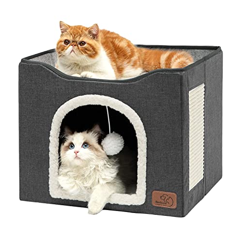 Bedsure Cat Beds for Indoor Cats - Large Cat Cave for Pet Cat House with Fluffy Ball Hanging and Scratch Pad, Foldable Cat Hideaway, 16.5x16.5x13 inches, Dark Grey - color: Dark Grey, size: Single