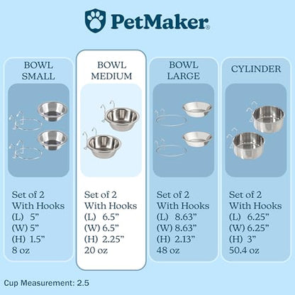 Set of 2 Stainless-Steel Dog Bowls - Cage, Kennel, and Crate Hanging Pet Bowls for Food and Water - 20oz Each and Dishwasher Safe by PETMAKER,Silver - size: 20 oz