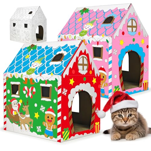 Cinrobiye Christmas Cardboard Cat House with Scratcher DIY Coloring Pet Gingerbread Board Bed Cave Playhouse Hideaway Hideout Condo Decor Animals Scratch Box for Indoor Cats Kittens Rabbits Bunny - color: White