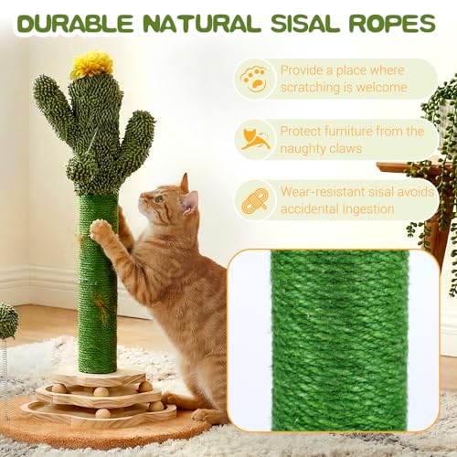 Cactus Cat Scratching Post Cat Tree, Cute Cat Scratching Post with Interactive Ball Two-Layer Track Spring Ball Toys, Standing Sisal Cactus Cat Scratcher for Indoor Cats and Kittens