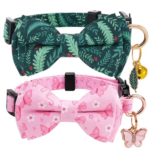 2 Pack Breakaway cat Collar with Bow Tie and Bell,Adjustable Soft Cotton Pet Collar with Pink and Red Bow Patterned Design for Kitten Adult Cats (Green Plant & Pink Butterfly) - color: Green Plant & Pink Butterfly