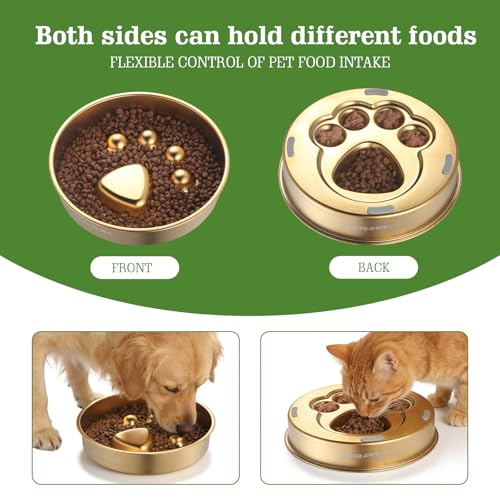 Golden Stainless Steel Slow Feeder Dog Bowls – Non-Slip Metal Dog Bowl for Large & Medium Breeds, Puppy Puzzle Feeder – 2 Cup Capacity for Small to Big Pets – Durable Slow Feed Dog & Cat Food Dish - color: Paw-Golden