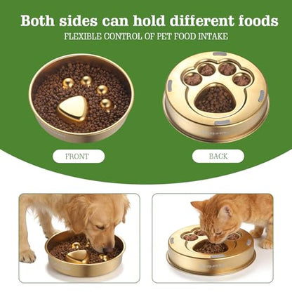 Golden Stainless Steel Slow Feeder Dog Bowls – Non-Slip Metal Dog Bowl for Large & Medium Breeds, Puppy Puzzle Feeder – 2 Cup Capacity for Small to Big Pets – Durable Slow Feed Dog & Cat Food Dish - color: Paw-Golden