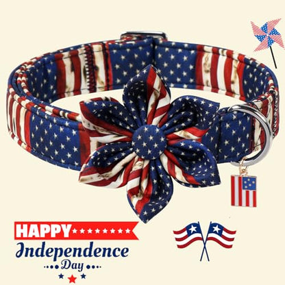 DOGWONG Ameirican Flag Dog Collar with Flower - Independence Flower Dog Collars, Adjustable Patriotic Pet Collars 4th of July Dog Collar for Small Medium Large Dogs - color: American Flag Flower, size: XS