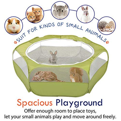 Pawaboo Small Animals Playpen, Waterproof Small Pet Cage Tent with Zippered Cover, Portable Outdoor Yard Fence with 3 Metal Rod for Chick/Kitten/Puppy/Guinea Pig/Rabbits/Hamster/Chinchillas,Green - color: A-Green