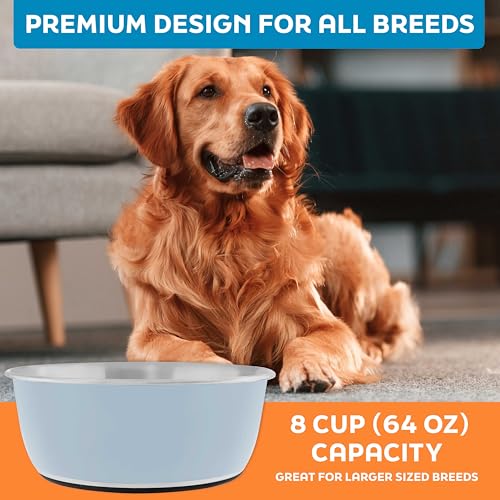 Master Pet Supply Stainless Steel Dog Bowls Set of 2 (64 Oz Each) with Non-Slip Rubber Base - Glacier Blue - Basic Dog Food Bowl Water & Food Bowls for Small Medium Large Dogs & Cats, Metal Dish - color: Glacier Blue, size: 8 Cups (64 oz) 2 Pack