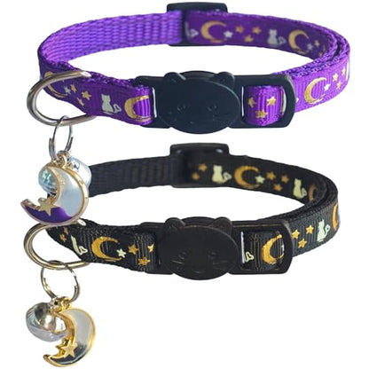 2 Pack Breakaway Cat Collars, Glow in Dark with Bell & Moon Star Pendant, Safety Buckle Kitten Collars Adjustable from 6.9-10.7" (Black/Purple) - color: Black & Purple, size: 6.9 - 10.7 in
