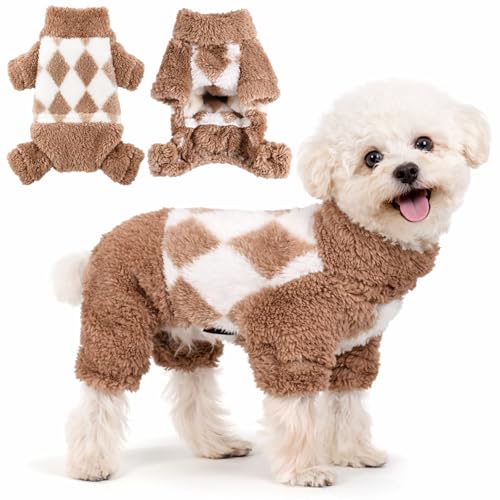Turtleneck Dog Pajamas for Small Dogs Girl Boy, Warm Soft Stretchy 4 Legged Puppy Onesies, Fleece Winter for Chihuahua Yorkie Teacup Dogs (Khaki Diamond Pattern,S) - color: khaki, size: Small (Chest 15in)