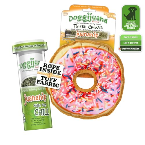 Doggijuana Doggi Duo Refillable Juananip Toy Bundle | Pink Donut & Juananip | Funny Dog Toy Plush with Catnip and Refill | Interactive Chew for Play - style: Pink Donut & Juananip