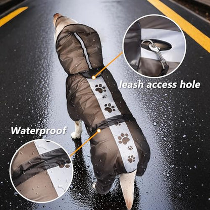 Olsa Dog Raincoat, Dog Hooded Slicker Poncho, 4 Legs Rain Jacket with Reflective Stripe, Transparent Water Proof Resistant Rain Snow Clothes for Small Medium Large (Black, M) - color: Black, size: M
