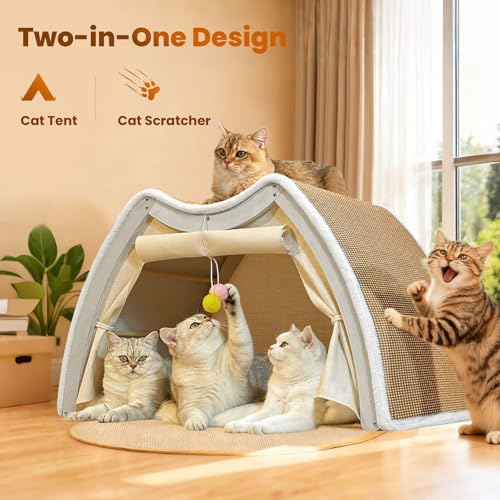 Cat Houses for Indoor Cats - 4 Seasons Cat Bed Cave with Natural Sisal Cat Scratcher Mat, Solid Wood Frame Cat House with Curtains and Cat Floor Scratching Pad Rug, Protect Couch and Carpets, M