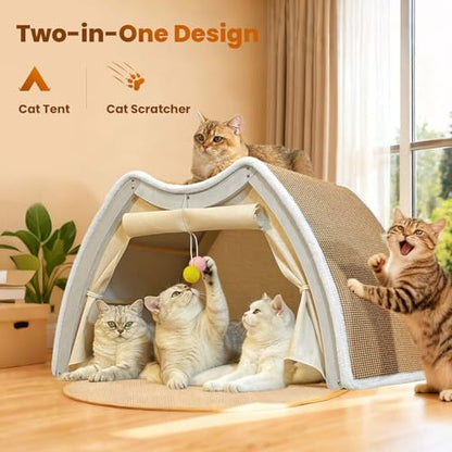 Cat Houses for Indoor Cats - 4 Seasons Cat Bed Cave with Natural Sisal Cat Scratcher Mat, Solid Wood Frame Cat House with Curtains and Cat Floor Scratching Pad Rug, Protect Couch and Carpets, M