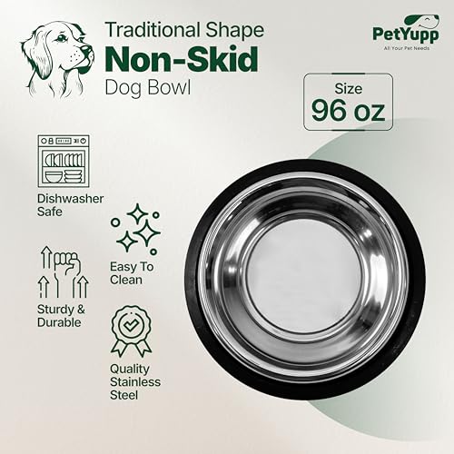 Stainless Steel Dog Bowl – Non-Skid Rubber Base, Rust-Proof & Dishwasher Safe – Durable Food and Water Bowl for Dogs and Cats – 96oz - size: Non Skid Bowl - 96 oz