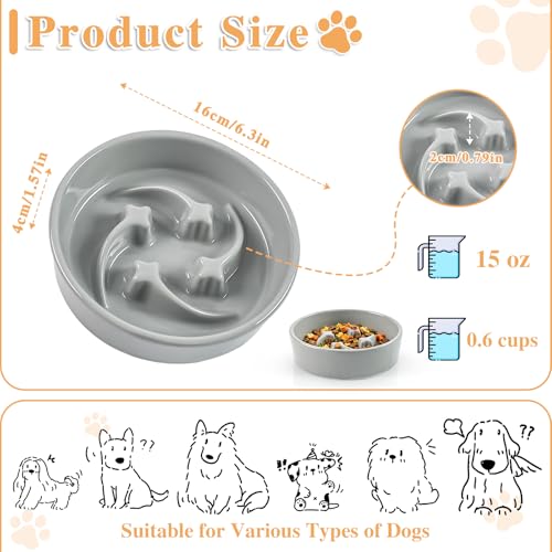 Ceramic Slow Feeder Dog Bowls, 1 Cups Dog Food Dish for Small and Medium Breed, Puzzle Dog Food Bowl for Fast Eater, 15OZ, 6.3 inch(Grey) - color: Grey-M