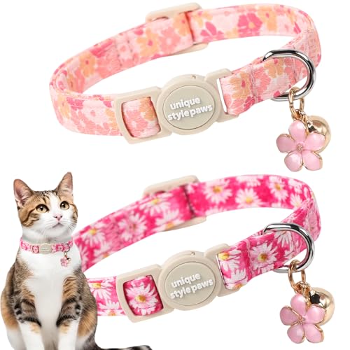 Unique style paws 2 Pack Spring Summer Kitten Collar Breakaway with Bell&Pendant, Adjustable Safety Rose Daisy Flower Cat Cotton Collar for Girl Boy Cat and Small Pet - color: Spring Rose Daisy