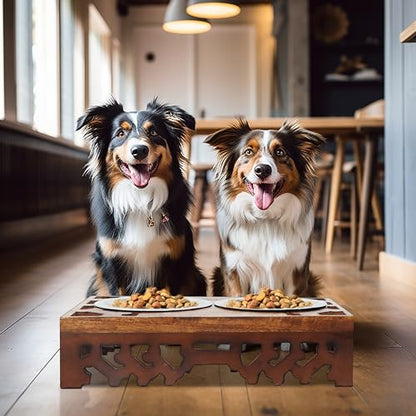 Elevated Pet Feeder for Dogs and Cats - Hand Carved Wood Bones Raised Dog Bowl Stand - Pet Feeding Stand with Two Steel Bowls - Raised Dog Bowl for Food Water - Pet Feeding Station -17x11x4- IRONGATE - color: Bone Bistro Carved - Wood