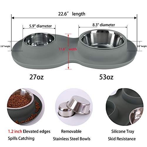 100% Waterproof BPA Free Pet Dog Bowls2 Stainless Steel（53oz+27oz） with 1.35“ Raised Edge Silicone Mat + Slow Feed Dog Water and Food Bowls for Feeding Small Large Dogs Cats Puppies (Gray) - color: Gray