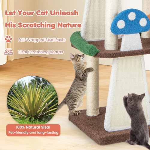 Tangkula Mushroom Cat Tree, Multi-Level Cute Cat Tower with Full-Wrapped Sisal Posts, Scratching Boards & Interactive Balls, 2 Cat Condo, Flower Cat Tree Tower for Indoor Cats Large Adult (57.5 Inch) - size: 57.5 Inch