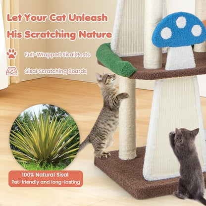 Tangkula Mushroom Cat Tree, Multi-Level Cute Cat Tower with Full-Wrapped Sisal Posts, Scratching Boards & Interactive Balls, 2 Cat Condo, Flower Cat Tree Tower for Indoor Cats Large Adult (57.5 Inch) - size: 57.5 Inch