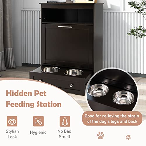 Dog Food Cabinet Feeding Station with 2 Raised Bowls, Pull Out Elevated Dog Bowl, Storage, 3 Hangers, Pet Feeder Toy Leashes Organizer, Brown - color: Brown
