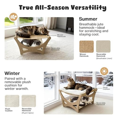 Double-Layer Cat Hammock Bed, Wooden Elevated Cat Beds with Natural Sisal Scratching Mat, Cats Scratcher Bed with Removable Soft Cushion, Cats Scratching Beds with Wood Frames - color: Narual Wood (Double Layers)