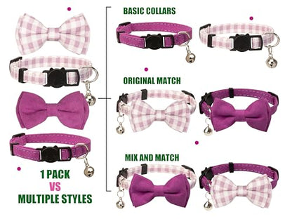 Cat Collar with Bow Tie 2pcs Set Bell Boy Girl Kitten Safety Plaid Grid Checkered Solid Color Suede Velvet Cute Soft Gift [2pcs] Purple - color: Style A-[2pcs] Purple