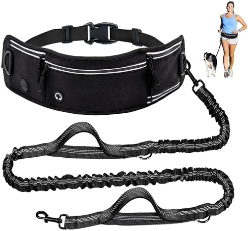 Skmeditec Hands Free Dog Leash with Waist Bag for Large Dog Walking, Shock Absorbing Bungee Leash with Zipper Pouch for Running, Dual Padded Handles & Adjustable Waist Belt - size: 1 Dog