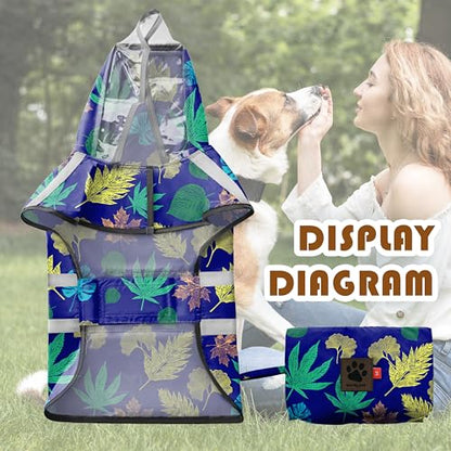 Dog Raincoat, Adjustable Rain Jacket with Hooded Double Layer for Large Medium Small Dogs Puppies, Lightweight Waterproof Rain Coat Poncho with Reflective Stripe Leaf Blue,M - color: Leaf Blue, size: Medium
