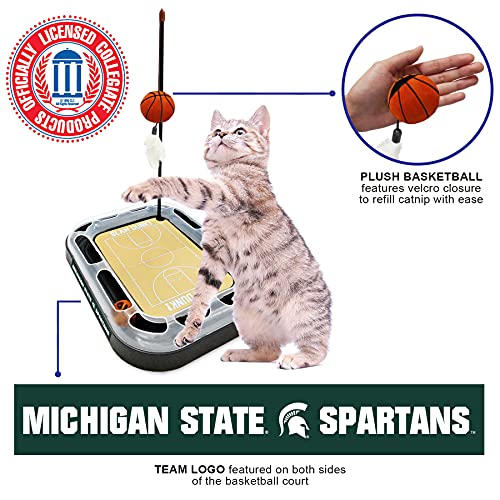 Cat Scratch Toy NCAA Michigan State Spartans Reversible Basketball Court Felt/Cardboard Cat Scratcher Toy. Interactive Cat Ball Bell. 6-in-1 CAT Toy: Cat Wand Poll with Catnip-Filled Plush Basketball - color: Michigan State Spartans