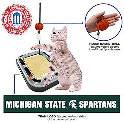 Cat Scratch Toy NCAA Michigan State Spartans Reversible Basketball Court Felt/Cardboard Cat Scratcher Toy. Interactive Cat Ball Bell. 6-in-1 CAT Toy: Cat Wand Poll with Catnip-Filled Plush Basketball - color: Michigan State Spartans