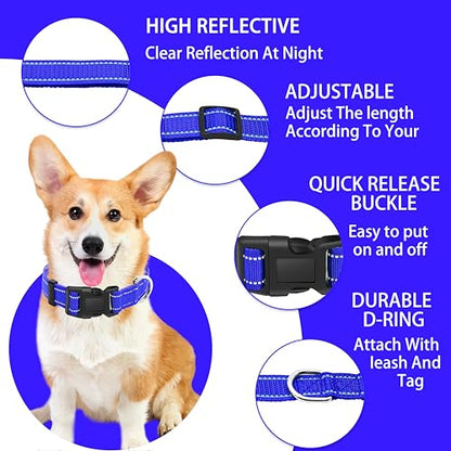Reflective Dog Collar with Safety Locking Buckle, Adjustable Soft Breathable Nylon Collars for Small, Medium and Large Dogs(Collar+Leash XS Width 3/8" Navy Blue) - color: Navy Blue, size: XX-Small (Width 3/8")