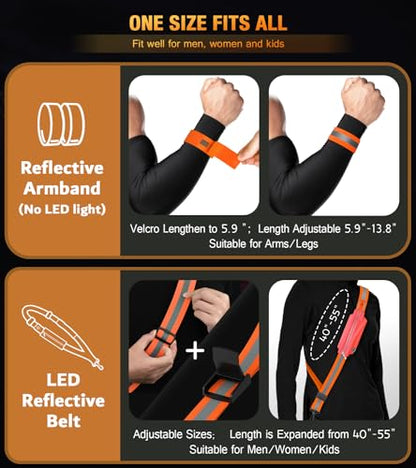 Ylzzrs LED Belt Reflective Sash for Walking at Night,High Visibility Adjustable Night Running Safety Gear,Light Up Running Belt Reflective Gear with Phone Bag/Armband for Runners Walkers Men Women - color: Orange
