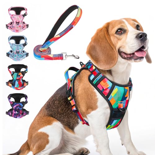 BEAUTYZOO No Pull Dog Harness Medium,Adjustable Dog Harness and Leash Set -Easy Wearing with 3 Buckles/Control Handle,No Choke Soft Padded Reflective Pet Vest for Training Walking Hiking, M - color: Geometry, size: M: chest 16"-28"