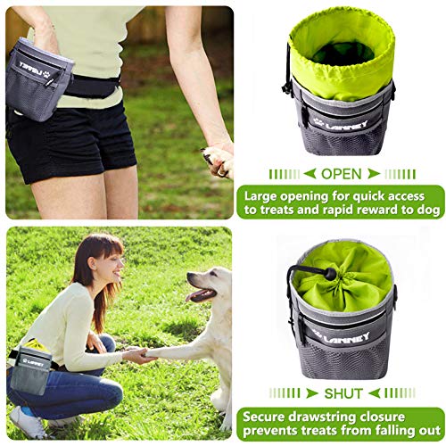 Dog Treat Pouch - 3 Ways to Wear Dog Treat Bag, Dog Training Treat Pouches for Pet Training with Clicker, Shoulder Strap, Adjustable Belt, Poop Bag Dispenser, Easily Carrying Kibble Snacks Pet Toys - color: Pouch(Gray with Green)+Clicker