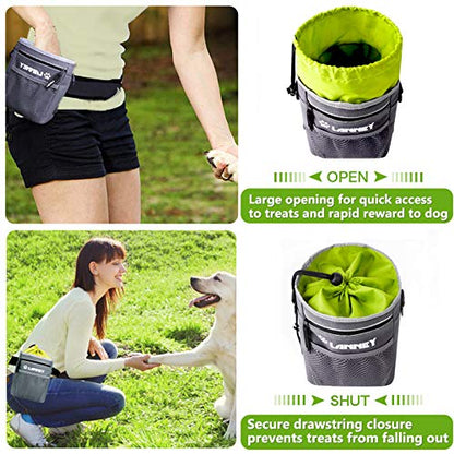 Dog Treat Pouch - 3 Ways to Wear Dog Treat Bag, Dog Training Treat Pouches for Pet Training with Clicker, Shoulder Strap, Adjustable Belt, Poop Bag Dispenser, Easily Carrying Kibble Snacks Pet Toys - color: Pouch(Gray with Green)+Clicker
