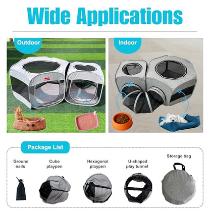 Portable Dog Playpen 2-Room with Tunnel, 3-in-1 Large Cat Crate Play Enclosure with Separate Areas, Foldable Pet Playpen for Puppy Kitten and Small Animals Indoor Outdoor - size: Large