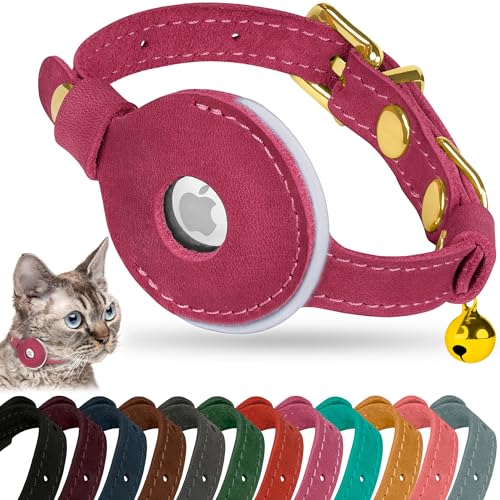 OOPSDOGGY Reflective Leather AirTag Cat Collar with Bell - Non Breakaway Adjustable Pet Collar with Apple Air Tag Holder - Lightweight GPS Kitten Collars for Small Dogs Puppy (Fuchsia) - color: Fuchsia