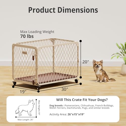30 Inch Dog Crate with Lockable Wheel, Diamond Mesh Metal Dog Kennel Cage with Double Secure Latch & Leak-Proof Tray, Escape-Proof Dog Crates for Small Dogs Breeds, Dogs up to 70 lbs - size: 30.0"L x 19.0"W x 20.0"H
