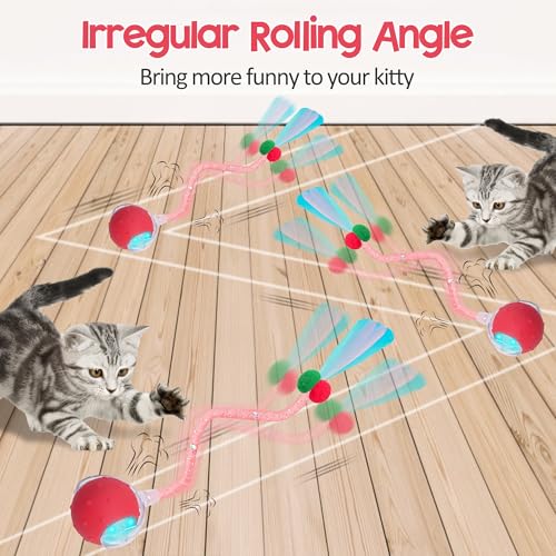 Interactive Cat Toys Ball for Indoor Cats, 2025 New Generation Automatic Moving Ball Toy with Elastic Mesh Tail, Chirping & Obstacle Avoidance and Motion Activated, Red【Rechargeable】 - color: Red