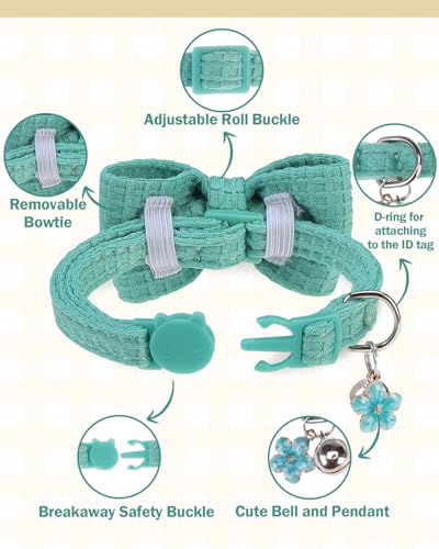 Cat Collar Breakaway with Bells, Soft Cotton Cat Bowtie Collar for Girl Boy Cats, Small Cats Collar with Bow for Spring Summer, 2 Pack Cute Kitten Collars with Removable Bowtie 8-12Inch - color: Green + Beige