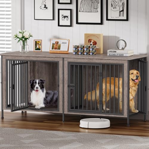 EasyCom Dog Crate Furniture for 1 or 2 Dogs, Heavy Duty Single/Double Dog Crates for Small/Medium/Large Dogs, Dog Kennel Furniture Indoor as TV Stand, Large Size 78.74" L(35-60 Pounds), Oak Grey - color: Oak Grey, size: 78.7"L x 27.6"W x 33.5"H
