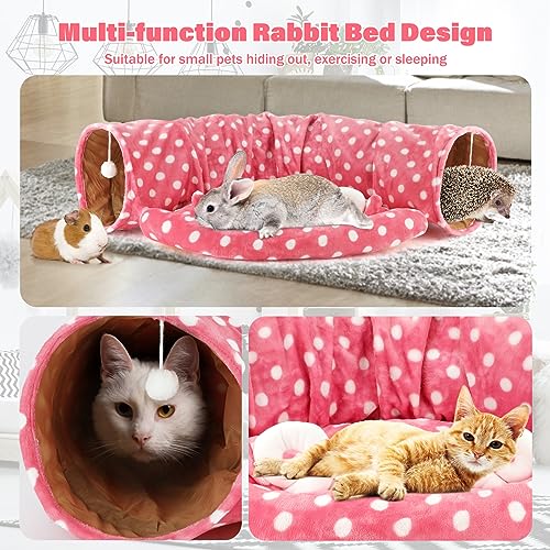 BWOGUE Bunny Tunnel Bed, 2-in-1 Collapsible Tunnel Tubes Toys with Removable Mat Hideout for Cats Kittens Rabbits Guinea Pigs Kitty - color: Pink