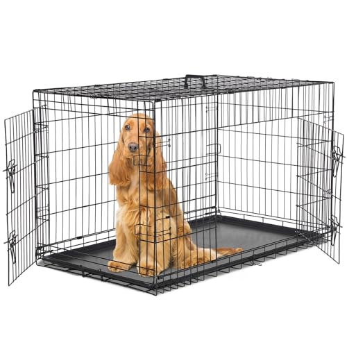 Sweetcrispy 48 Inch Dog Crate, Medium Large Crates Double Door Folding Metal Wire Dog Cage with Plastic Leak-Proof Pan Tray, Pet Kennel for Indoor, Outdoor, Travel - size: 48.8"L x 29.9"W x 32.9"H, style: Double Door