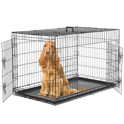 Sweetcrispy 48 Inch Dog Crate, Medium Large Crates Double Door Folding Metal Wire Dog Cage with Plastic Leak-Proof Pan Tray, Pet Kennel for Indoor, Outdoor, Travel - size: 48.8"L x 29.9"W x 32.9"H, style: Double Door
