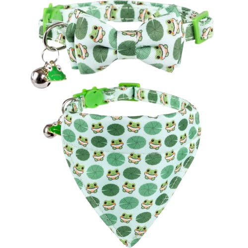 Cat Collar Breakaway with Cute Bow Tie Bandana and Bell Accessories Frog for Kitty Adjustable Safety - color: frog