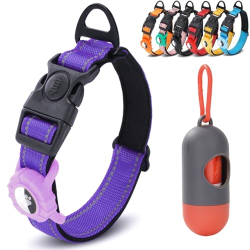 JSXD AirTag Dog Collar, Night Reflective Nylon Dog Collar for Small Medium Large Dogs,Lockable Quick Release Buckle,Padded Breathable Pet Collar with AirTag Holder (Purple, Medium(13.8"-21.6")) - color: Purple, size: Medium(13.8"-21.6")
